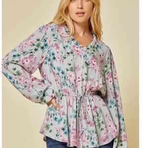 Andree by Unit women's 3X floral v neck blouse w/ ruffle & elastic waist EUC